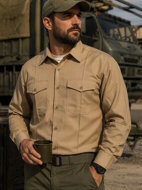 DLA Khaki Poly/Wool 16x32 Military Inspired Long Sleeve Uniform Shirt Crease NWT